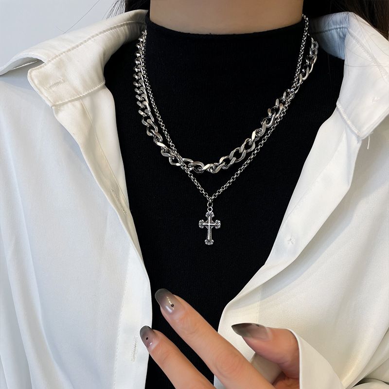 Layer Double Stacked Cross Necklace For Women, Unique Cuban Ch, Ins Style Hip-Hop Accessory, Trendy Men's Clavicle Women, Ch, Accessory,_voghion.com