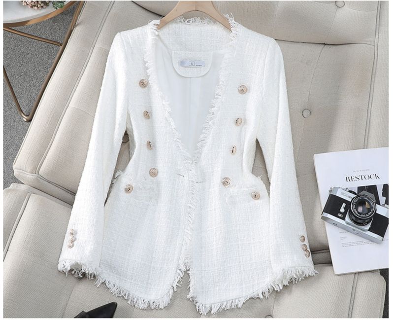 Blazer élégant d'inspiration française pour femme, col en V et boutons croisés - Veste en tweed pour le bureau et le soir_voghion.com