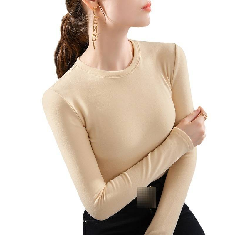 Women's Double-Layer Fleece Thermal Top - Ultra-Soft Round Neck Long Sleeve Base Layer, Stretchy & Warm, Slim Fit Essential For Autumn/Winter_voghion.com