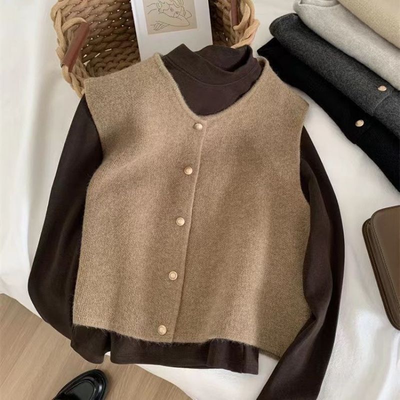 Cardigan da donna in maglia con scollo rotondo, piccolo bottone dorato e fila singola, canotta senza maniche in stile coreano per_voghion.com