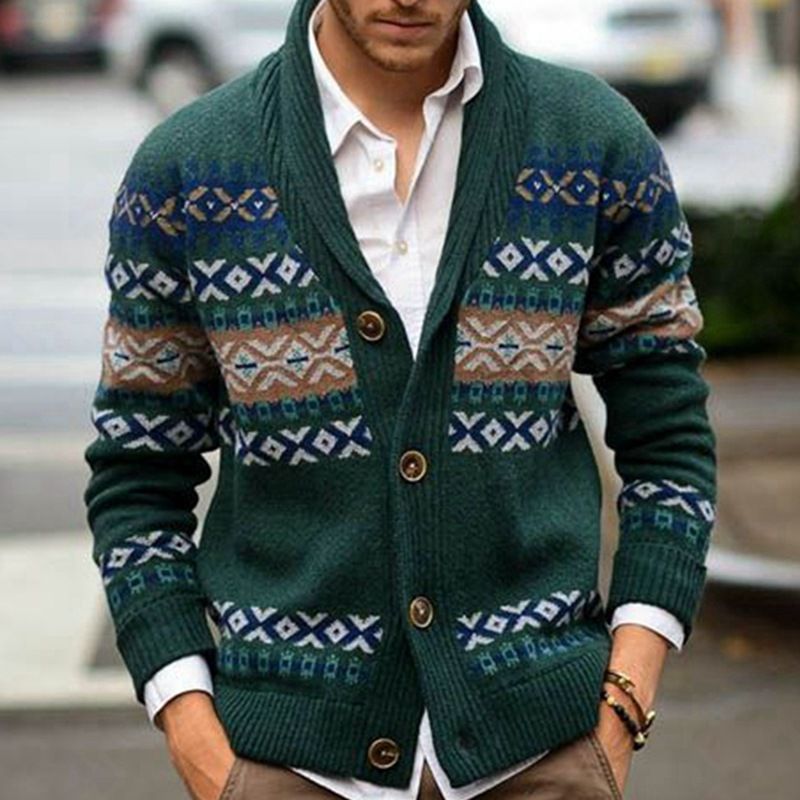 Men's Autumn And Winter Knitted Cardigan Lapel Long Sleeve Jacquard Sweater Coat_voghion.com