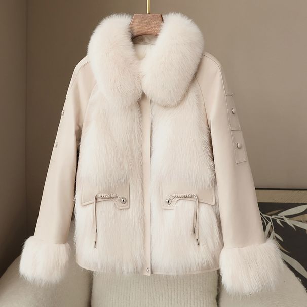 Piumino di lusso in pelliccia di volpe patchwork per donna – Cappotto invernale caldo con dettagli in pelle di pecora (bianco avorio, M-XL)_voghion.com