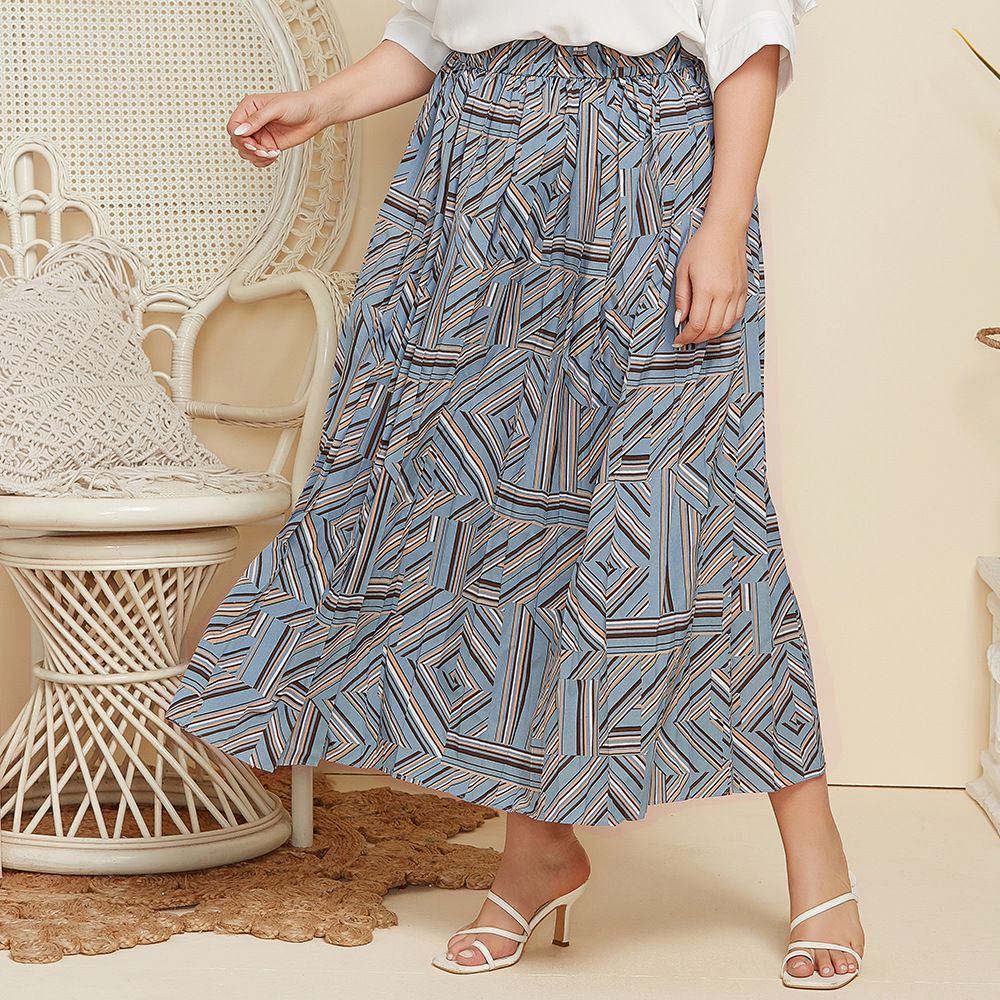 New Women's Geometric Print Pleated Half Loose Plus size Skirt_voghion.com