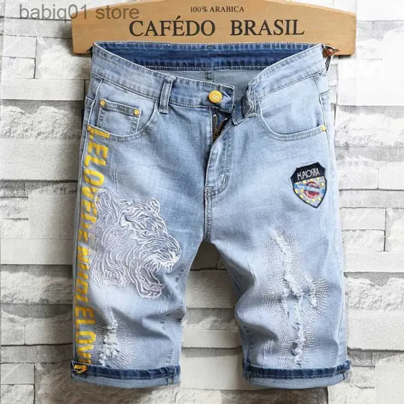 Men's Light Blue Good Quality Holes Denim Shorts New Summer Men Slim Fit Casual Thin Knee Length Jeans 38 T230502_voghion.com