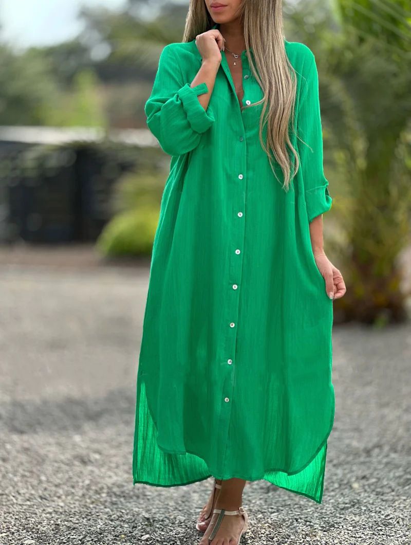 abito da donna camicia in cotone e lino gonna lunga abito cardigan casual a maniche lunghe moda_voghion.com