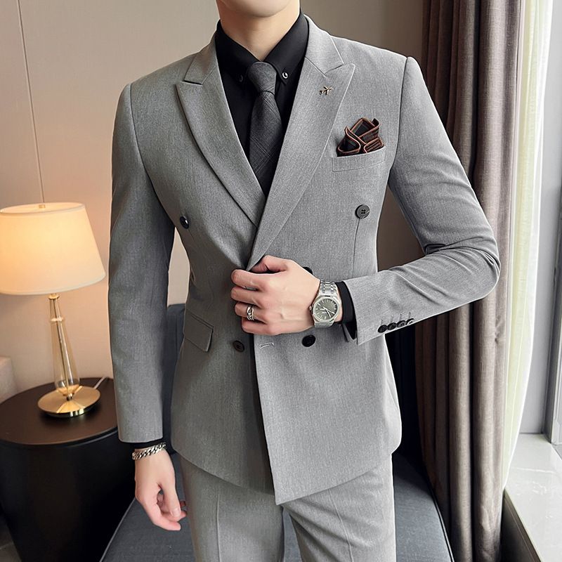 Men's Clothing Fashion Brand Solid Color Suits Business Formal Wear Double Breasted Three Piece Suits_voghion.com