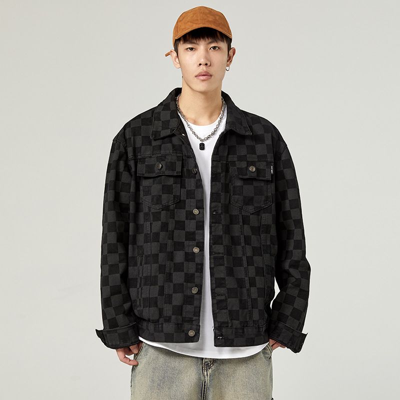 2024 Spring and Autumn Black Jacquard Checkered Cowboy Jacket Men's Street Fashion Versatile Trendy Brand Top Coat_voghion.com