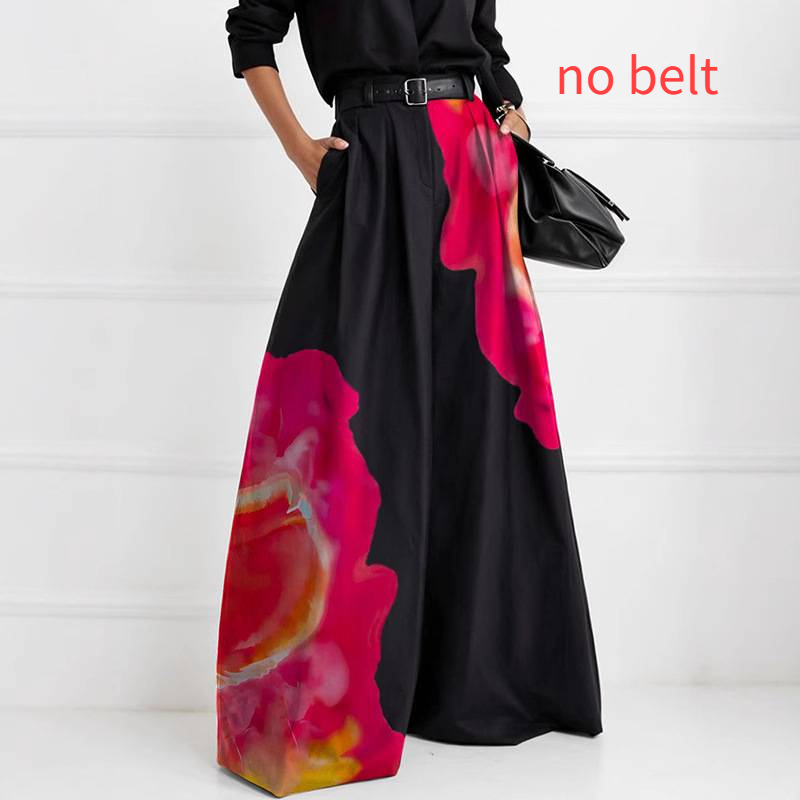 Pantalon large taille haute à imprimé contrasté pour femme (sans ceinture)_voghion.com