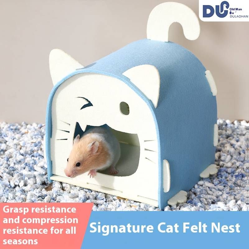 Cachette en feutre pour hamster, lit portable pour cochon d'Inde, lit pour hamster avec fenêtre en maille, joli nid de rat en forme de chat, cachette pour rat (bleu)_voghion.com