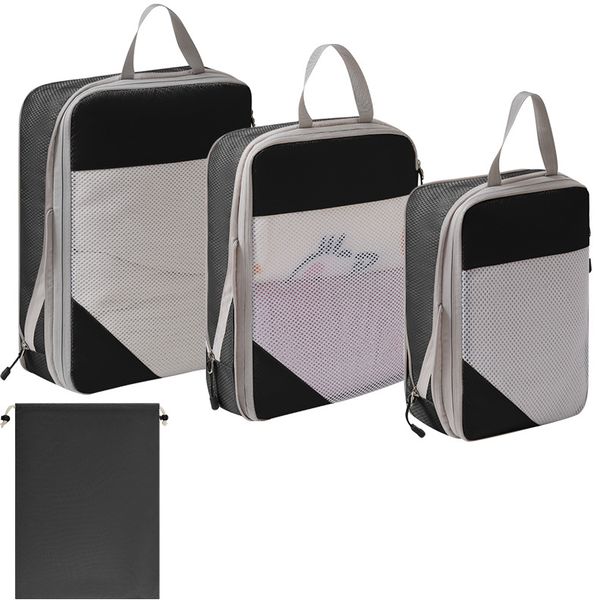 Reise-Aufbewahrungstasche, komprimiertes weißes Netz, 3-teiliges Set + Bündeltasche (4-teiliges Set), Aufbewahrungstasche für Toilettenartikel, Kleidung, Schuhe, Gepäck, Reisetasche_voghion.com