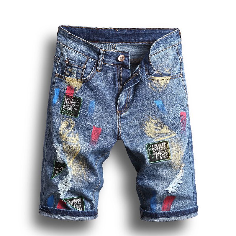 Abbigliamento da uomo Pantaloncini in denim con graffiti dipinti con vernice spray strappata estiva, pantaloni da uomo a cinque quarti, pantaloni medi, moda casual_voghion.com