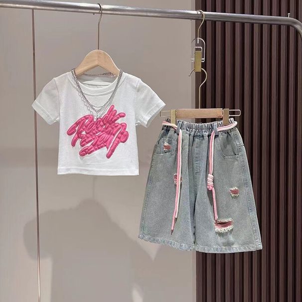 New 3D spray painted graffiti short sleeved colorful denim distressed set for girls in summer, children's stylish wide_voghion.com