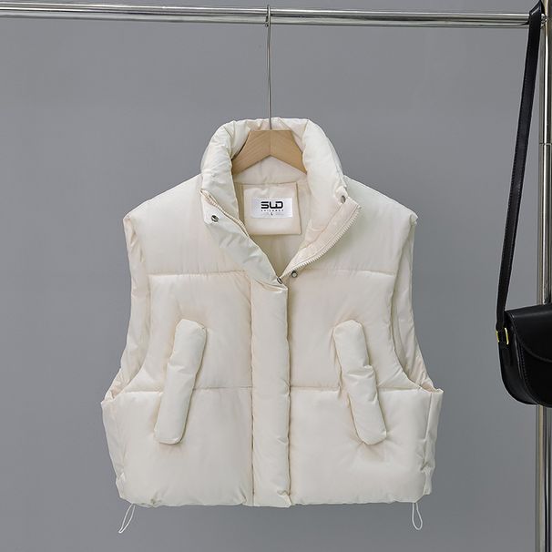 Women's Puffer Vest Jacket - Lightweight Quilted Sleeveless Coat With Stand Collar, Zipper Closure, Multiple Pockets (Black, Khaki, Beige)_voghion.com