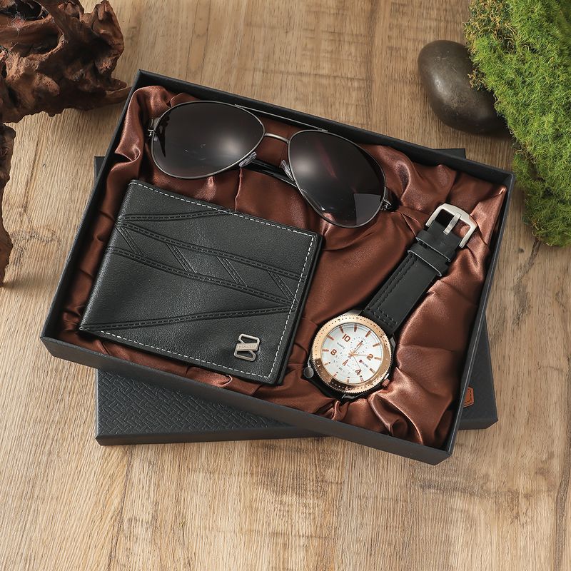 3pcs/set Men's Business Gift Wallet Fashion Large Dial Belt Watch Sunglasses Set_voghion.com