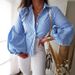 Women's Clothing Light Blue Striped Balloon Sleeve Slim Fit Shirt_voghion.com