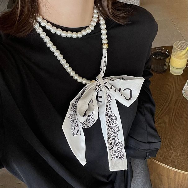 Collana di perle con nastro francese, sciarpa lunga, clavicola, fascia per capelli in stile coreano, catena per maglione_voghion.com