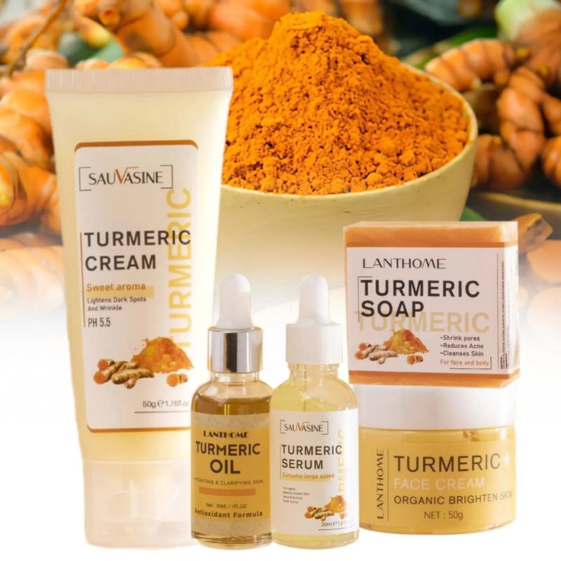 Ensemble de soins du visage au curcuma, crème nettoyante contre l'acné, sérum Anti-âge, peau foncée, taches hydratantes, estompe le curcuma, 5 pièces, O8B2_voghion.com