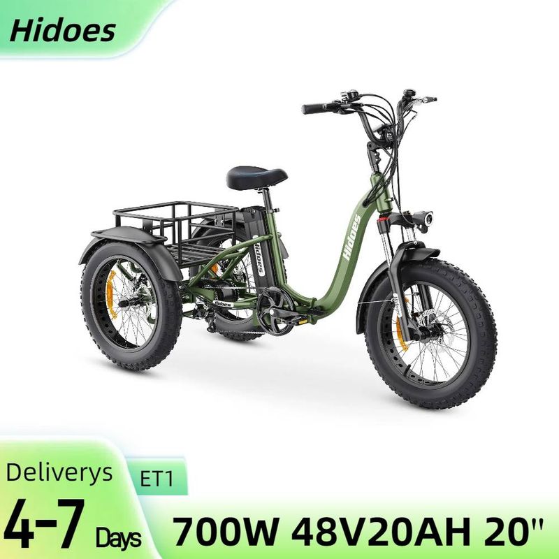 Hidoes ET1 Elektrikli Üç Tekerlekli Bisiklet Arka Raflı 750W 85NM tork Arka Tahrik Motoru 48V 20Ah Çıkarılabilir Pil_voghion.com
