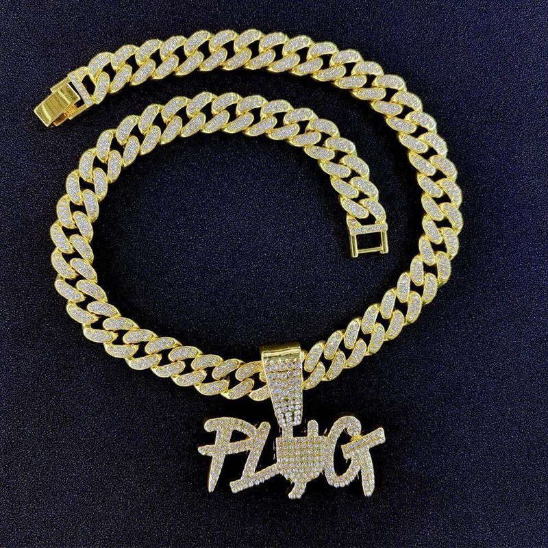 Ciondolo unisex con design a spina e lettera Hip Hop, con diamanti, marchio alla moda, da uomo, coordinato, stile Hip Hop._voghion.com