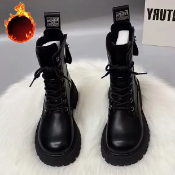 Botas femininas estilo britânico de inverno SLX Martin, pretas, retrô, com zíper, fundo grosso, coringa, botas de couro macio de alta qualidade_voghion.com