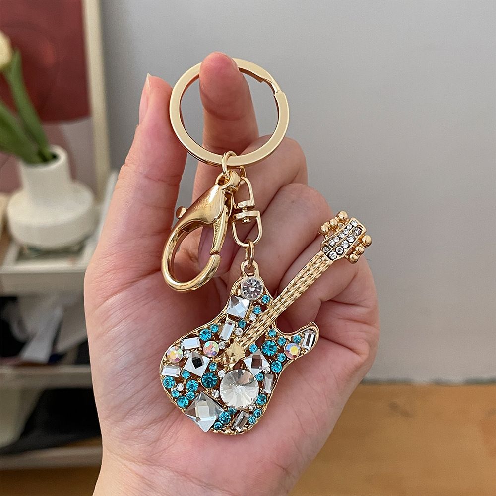Creative Fashion Diamond Guitar Car Keychain Metal Musical Instrument Model Bag Keychain Pendant_voghion.com