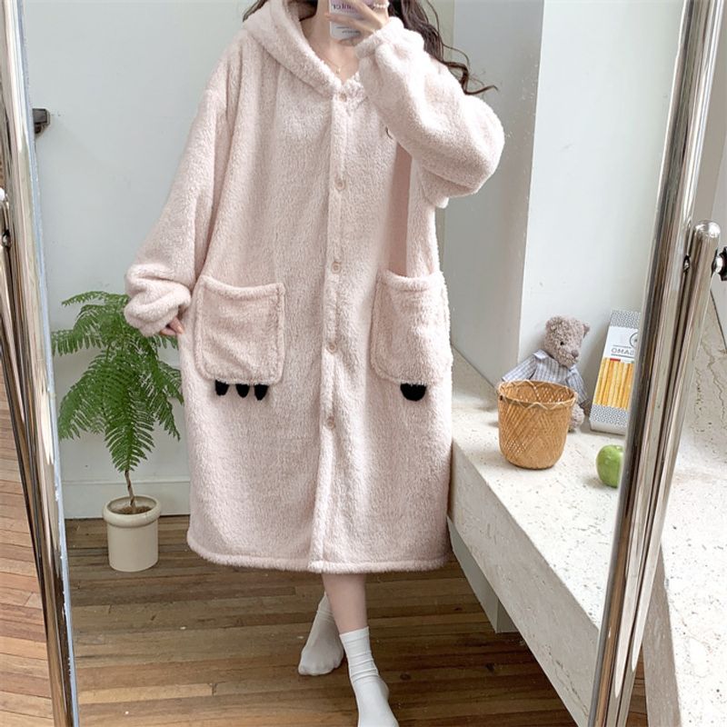 Autumn and Winter New Cute Princess Anqi Ears Double Color Velvet Extended Thickened Warm Bathrobe Home Furnishings_voghion.com