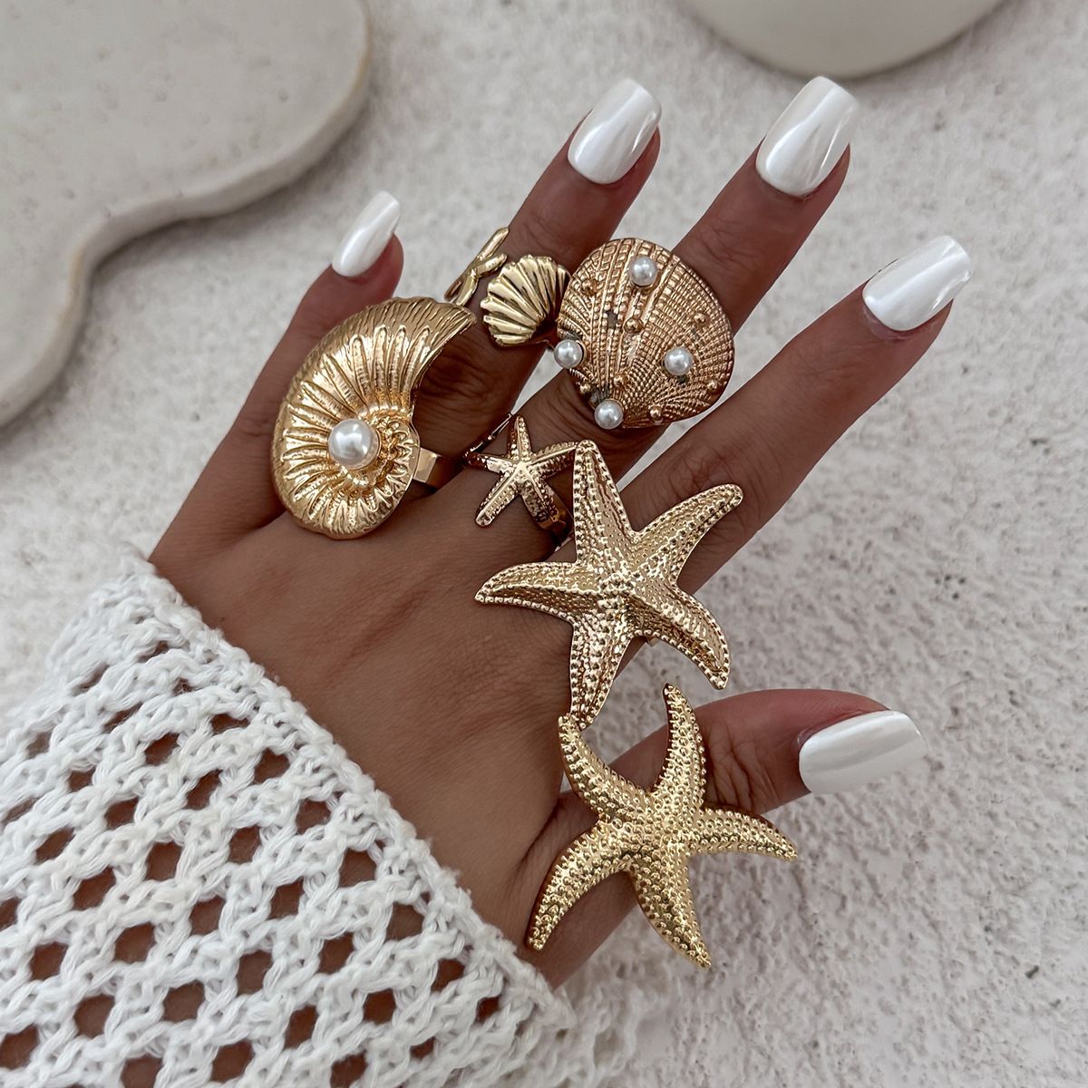 SHEIN Anello aperto a conchiglia di stella marina in stile oceano, set da 6 pezzi, stella a forma di conchiglia_voghion.com