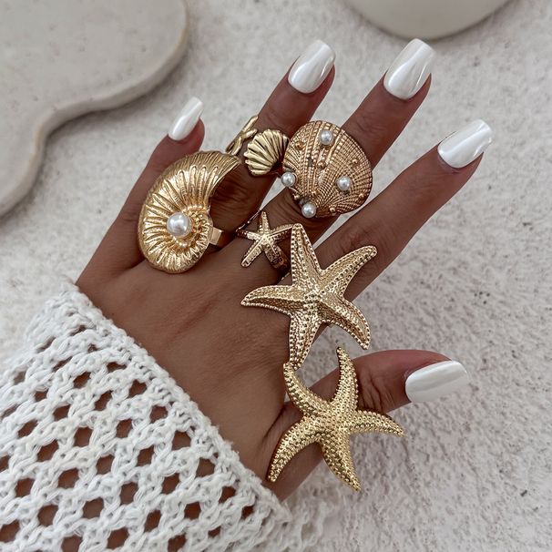 SHEIN Anello aperto a conchiglia di stella marina in stile oceano, set da 6 pezzi, stella a forma di conchiglia_voghion.com