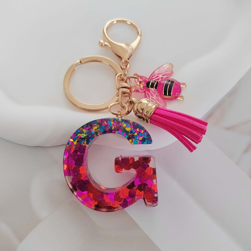 Porte-clés pendentif abeille en résine pailletée avec lettre d'amour rouge en cristal_voghion.com