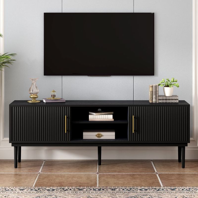 Mirod Stylish TV Stand With Vertical Striped Doors, Space-Saving Sliding Door Design, Sturdy Solid Wood Legs, Versatile As TV Console Or Side Cabine_voghion.com