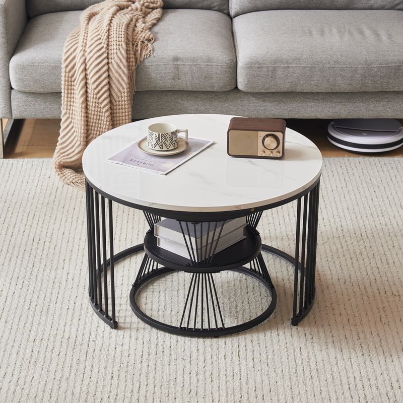 (Sku originale=WF300417BAA) Moderner Nesting-Couchtisch, Couchtisch-Set, Hochglanz-Tischplatte, Marmoriert, Sofa-Beistelltisch, Runder Nesting-Couchtisch, 2er-Set, Schwarzer Rahmen_voghion.com