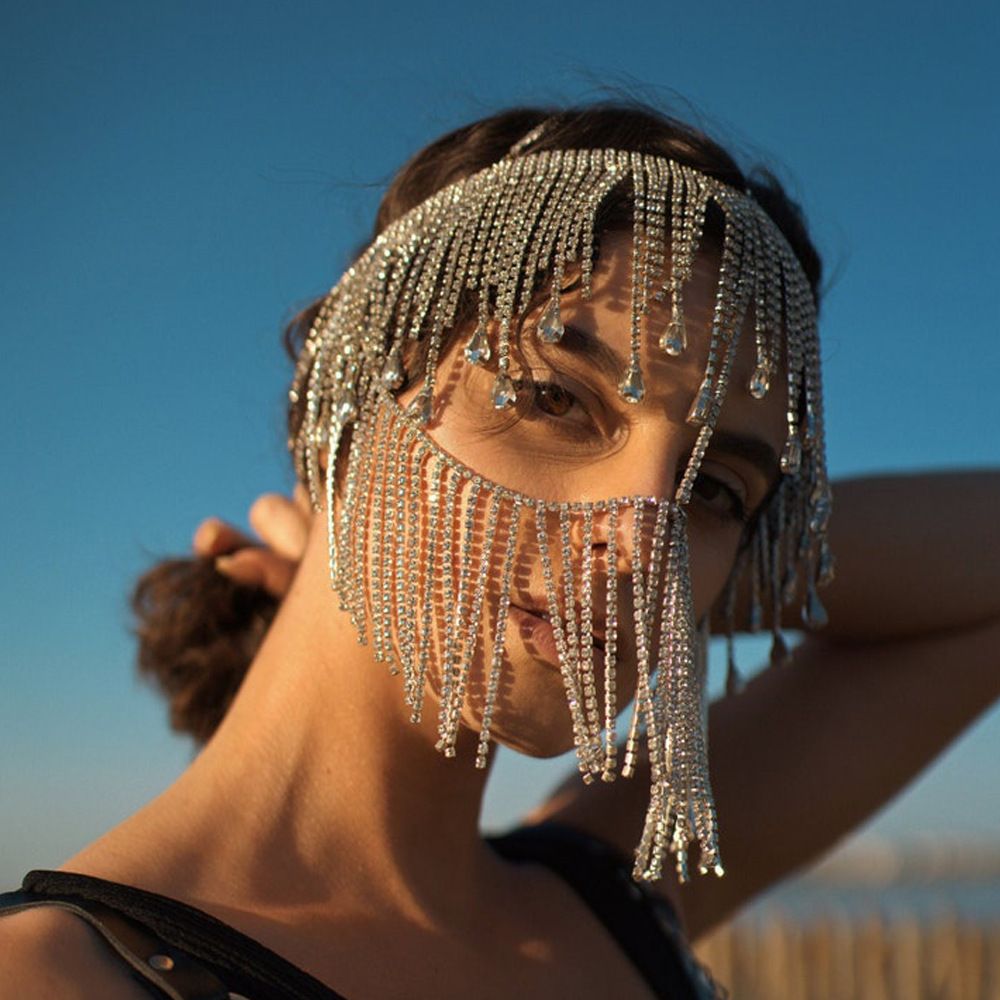 Žhavé prodejní střapcová maska s kamínkovým řetízkem kapka vody bohémský styl noční klub párty taneční čelenka žena_voghion.com