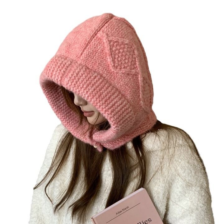 Korean winter new big version balaclava children's warm coarse linen pattern horn button ear muff head cap_voghion.com
