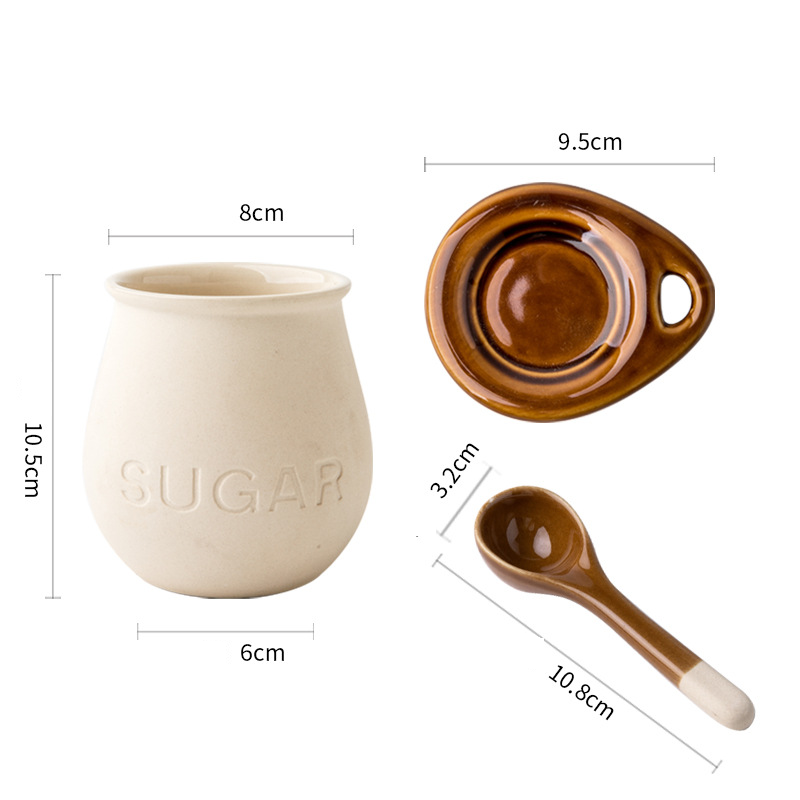 Retro Ceramic Seasoning Jar With Cover Spoon Seasoning Salt Jar Lard Jar_voghion.com