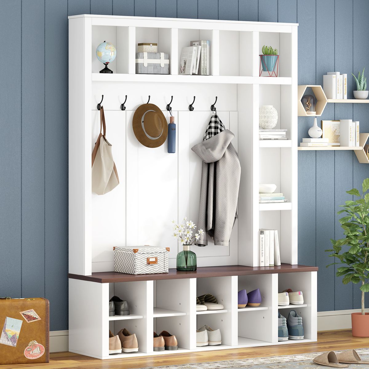 ON-TREND Farmhouse Wooden Style Hall Tree With 6 Hooks, Practical Walnut Storage Bench With Adjustable Shelves, 4-in-1 Entryway Shoe Cabinet With 13 Cubbies For Mudroom, Living Room, White, 76.7"H_voghion.com