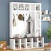 ON-TREND Farmhouse Wooden Style Hall Tree With 6 Hooks, Practical Walnut Storage Bench With Adjustable Shelves, 4-in-1 Entryway Shoe Cabinet With 13 Cubbies For Mudroom, Living Room, White, 76.7"H_voghion.com