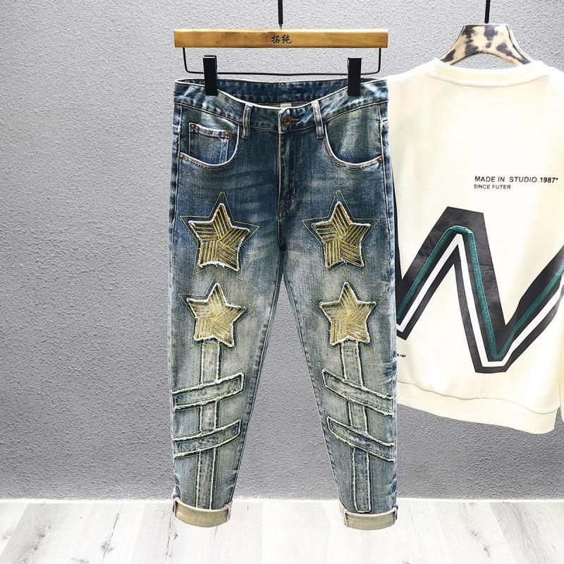 Patch Jeans Men's Embroidery Trendy Brand Slim-fitting Pants Spring And Autumn Korean Version Trendy Micro-straight Pants Men_voghion.com