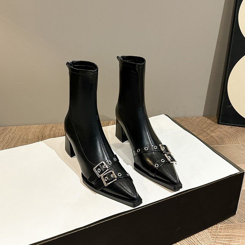 Thick heel pointed tip temperament small short boots women's shoes new spring and autumn single boots black Martin boots_voghion.com