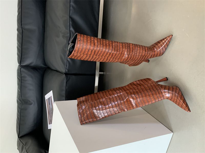 Sharp Pointed Thin Heel Fashionable 2024 Autumn And Winter New Crocodile Pattern Knee High Heels Slimming Knight Long_voghion.com