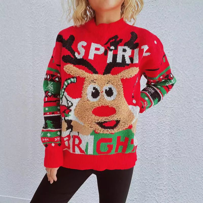 Women's Clothing Autumn And Winter Three Dimensional Flocking Christmas Tree Red Sweater Loose Christmas Sweater_voghion.com