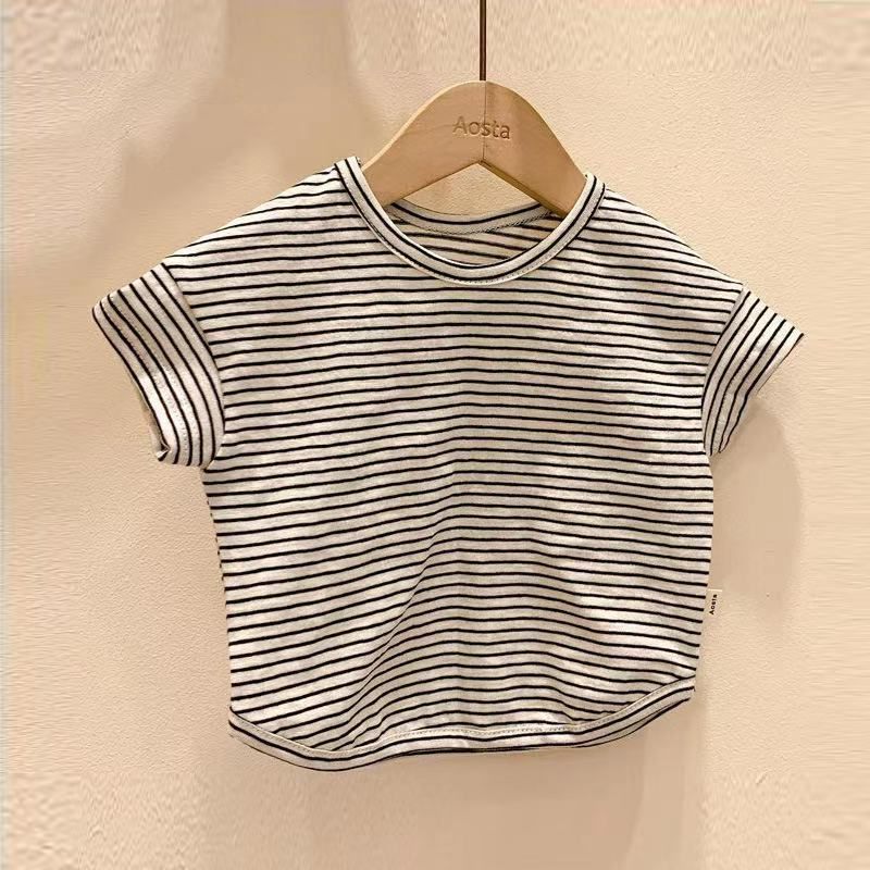 Instagram Baby Summer gestreift kuerz T-Shirt fir Männer a Fraen, bequem an alldeeglech hallefärmlech Basishemd Top, Koreanesch_voghion.com