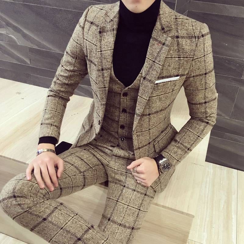 Men's Clothing casual trendy groom's wedding dress plaid small suit _voghion.com