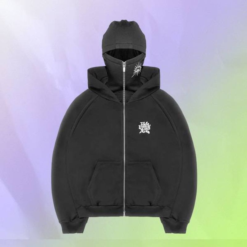 Men's Clothing Unisex Oversize Hoodie With Face Mask, Geometric Print Zip-Up Streetwear Pullover, Winter Double Hood Fashion Sweatshirt For Men_voghion.com