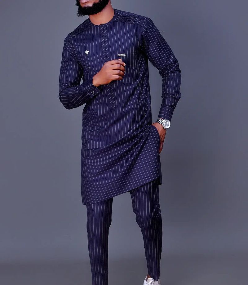 Men's Striped Printed Long Sleeve African Ethnic Suit_voghion.com