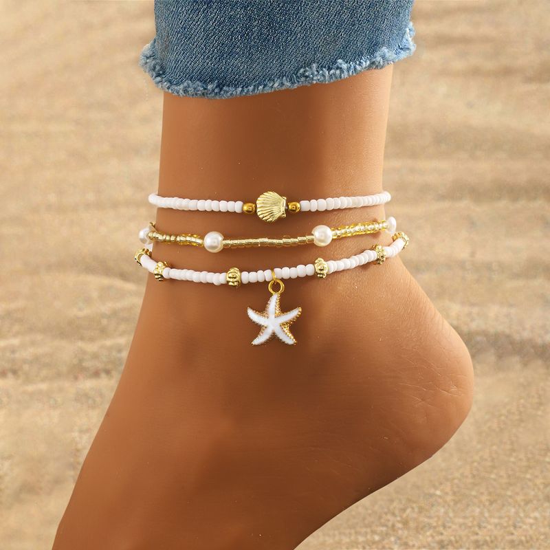 3-Piece Fashionable And Unique Women's Anklet Set Starfish Shell Design Beach Foot Jewelry Accessories_voghion.com