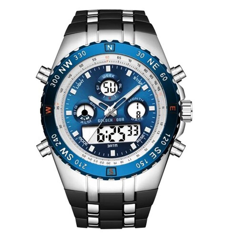 GOLDENHOUR Männer Sport Analog Auer Komplett Kalenner Waasserdicht Chronograph Auer Silikonarmband LED Display_voghion.com