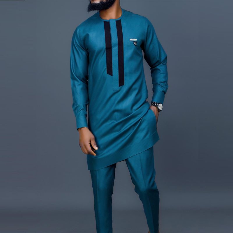 Abbigliamento da uomo, abito casual, 2 pezzi, manica lunga, tinta unita, camicia patchwork e pantaloni_voghion.com