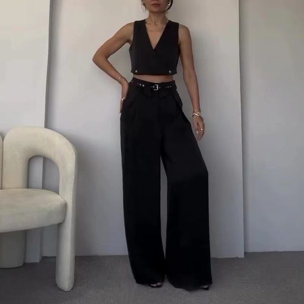 Damenbekleidung Einfarbiger V-Ausschnitt Unreparierter Weste-Revers-Hosenanzug mit weitem Bein_voghion.com