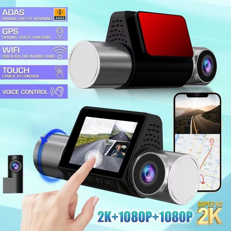 Pantalla táctil frontal HD de 3 lentes 2K+1080+1080 con interconexión móvil y grabadora WiFi GPS ADAS_voghion.com