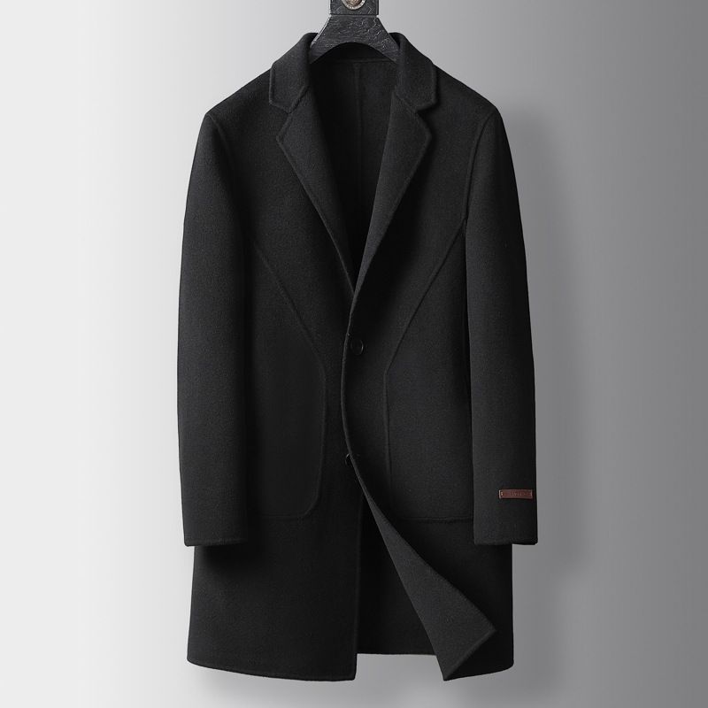 Hochwertiger Mantel aus 100 % Wolle für Herren, doppelseitiger Trenchcoat aus Kaschmirmischung für geschäftliche und formelle Anlässe (Schwarz, Grau, Kamel)_voghion.com